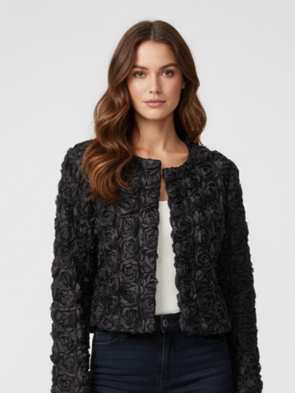 Black Textured Rose-Pattern Cropped Jacket - Picture 4 of 4